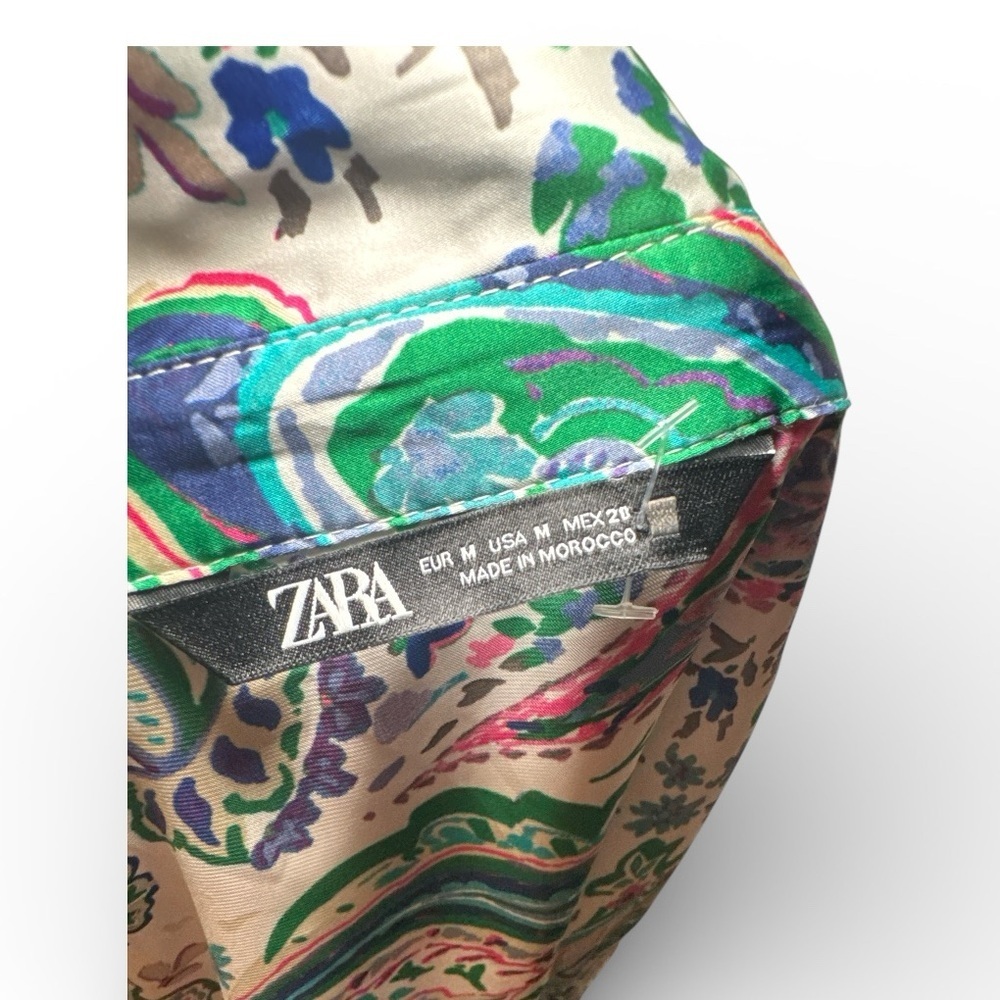 ZARA Paisley Print Satin Blouse Sz M Green Pink Boho Button Front - Picture 12 of 14